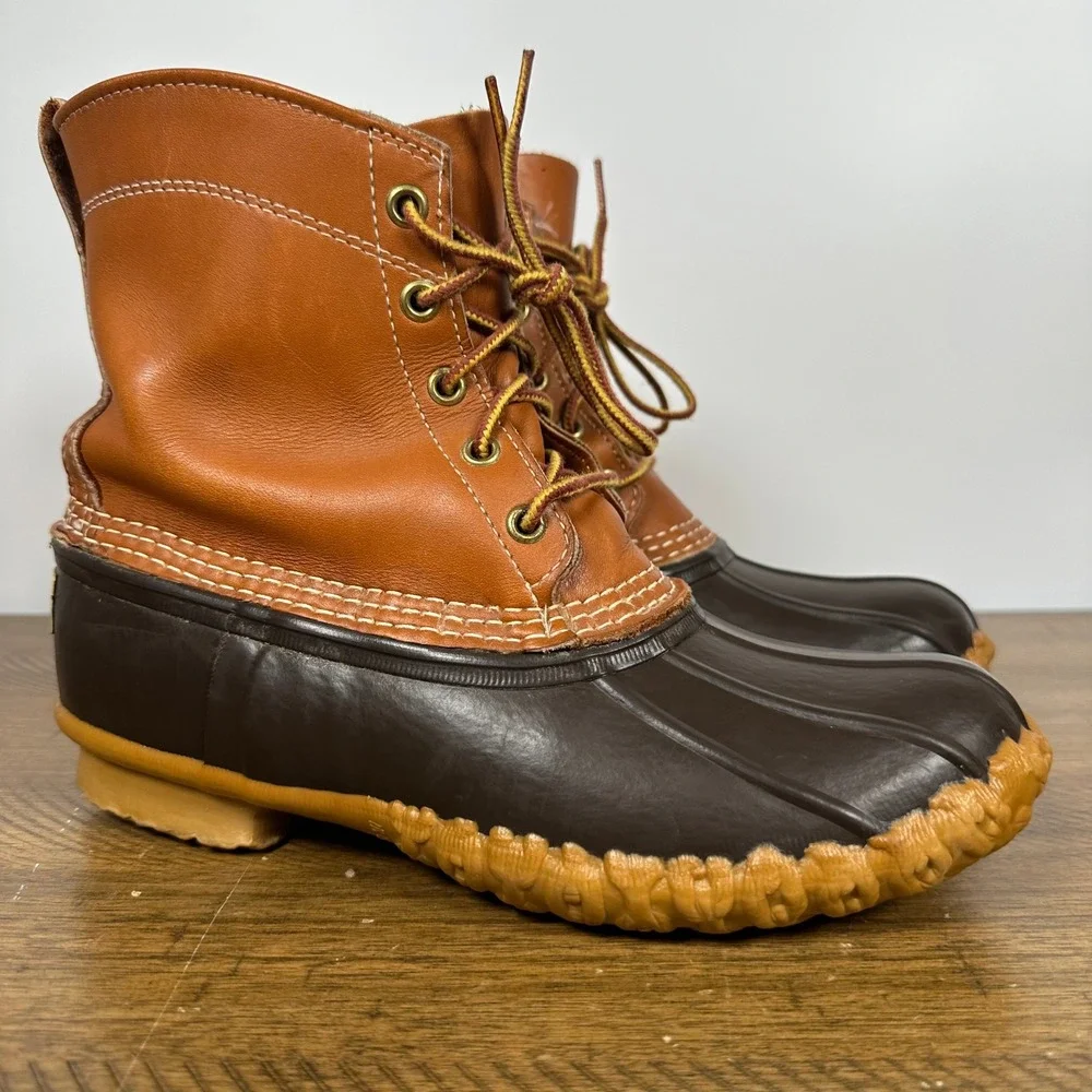 VTG LL Bean Boots Womens 9 Brown Bean Boots Leather Rubber Duck Rain USA
